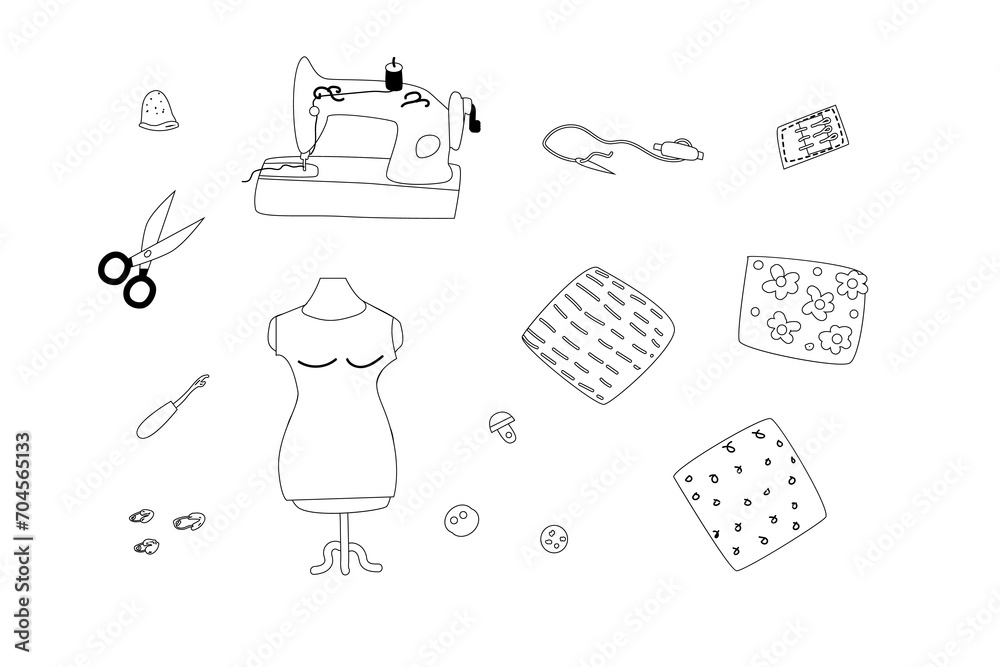 set of sewing tools and machine elements outline. Vector illustration in doodle style. Hand drawn needlework background, set of sewing design elements. 