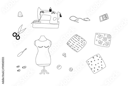 set of sewing tools and machine elements outline. Vector illustration in doodle style. Hand drawn needlework background, set of sewing design elements. 