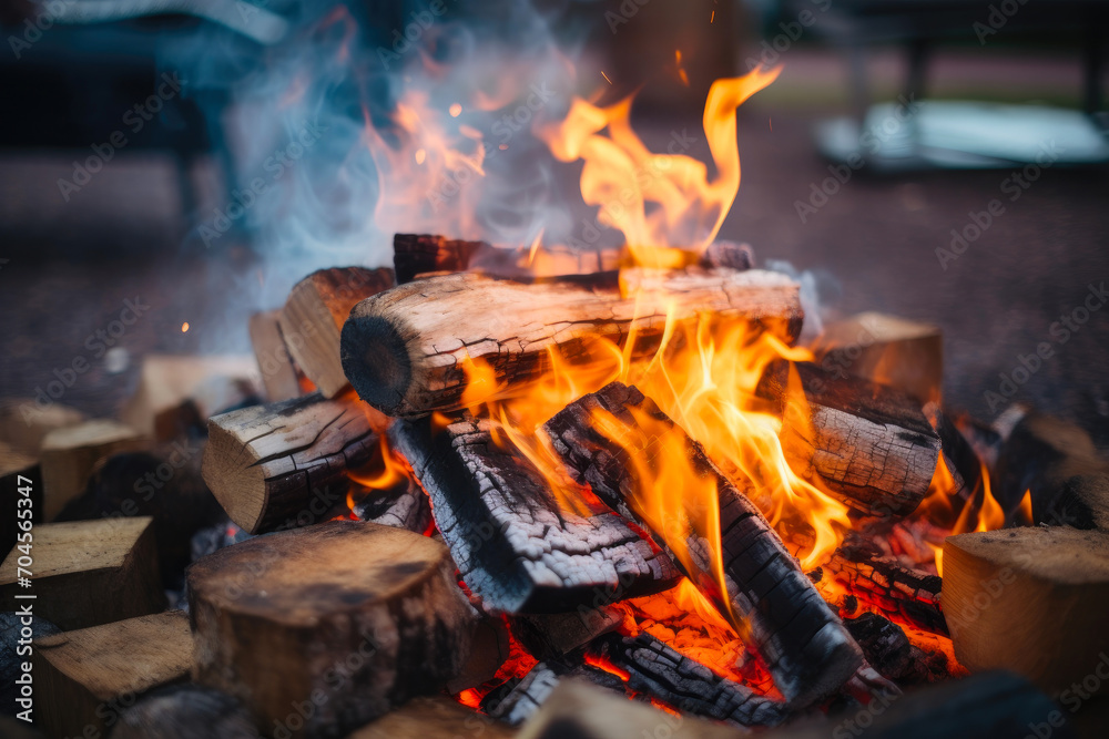 Fototapeta premium Rustic Charm: Bonfire Embracing Timber Logs