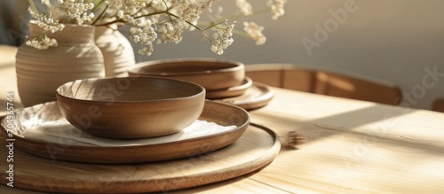 Handmade clay plate with tableware, natural cottagecore minimalist decor of handcrafted dish for table setting in a countryside aesthetic.