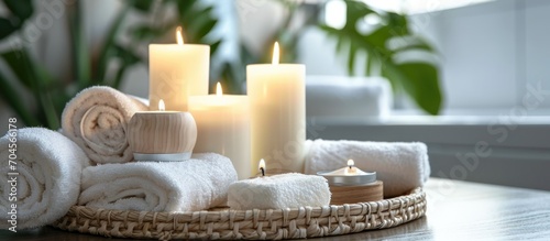 Bathroom spa setup with scented candle, cream, and cosmetics on a fancy tray with towels.