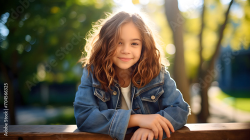 Fototapeta Naklejka Na Ścianę i Meble -  Happy smiling young girl with curly hair standing in the sunny city park in summer or spring daytime, female child looking at the camera. Trees blurred in the background