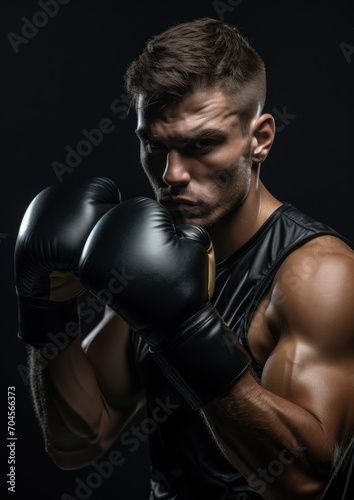 muscular handsome male boxer in boxing gloves on a black background, studio photo, portrait of an athlete, training, face, brutal, strong man © Julia Zarubina