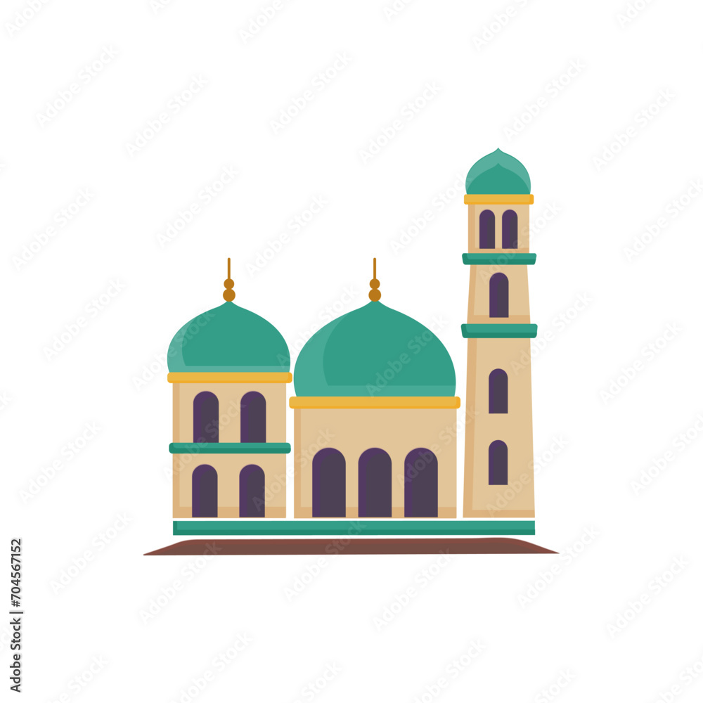 Muslim mosque isolated flat facade on white background. Flat with shadows architecture object. Vector cartoon design. Beautiful muslim temple icon illustration. Eastern cultural landmark.