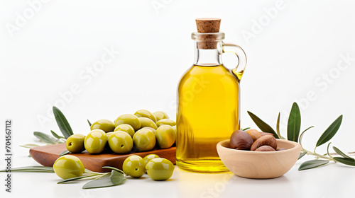 Bottle of olive oil with olives on white background