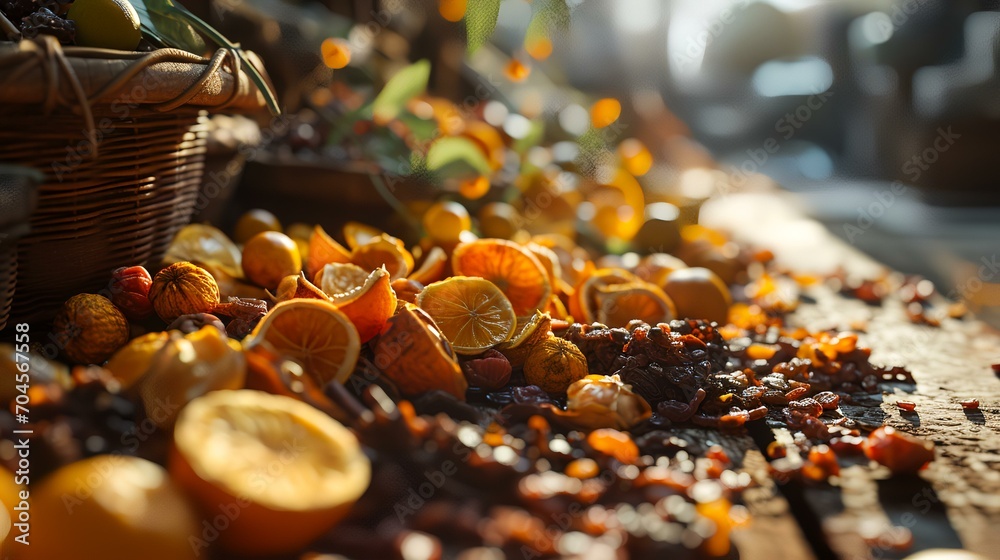 Closeup of dried fruits in a basket on a wooden table. Shallow depth of field