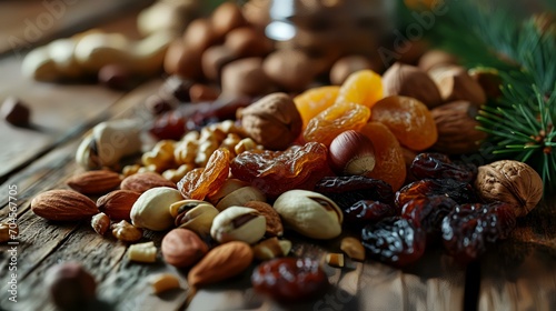 Mix of nuts and dried fruits on a wooden table, selective focus
