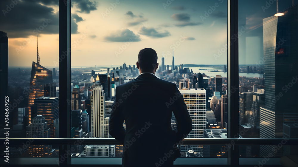 Rearview photography of a businessman in an elegant suit standing in his office in the evening, looking at the tall city buildings or skyscrapers and sky at the dawn through the window Rearview photography of a businessman in an elegant suit standing in his office in the evening, looking at the tall city buildings or skyscrapers and sky at the dawn through the window
