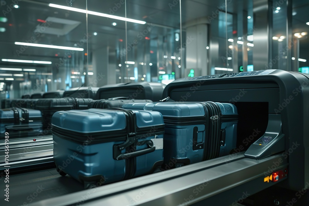 Suitcases on an airport security conveyor belt glide towards a scanner, a prelude to safe travels