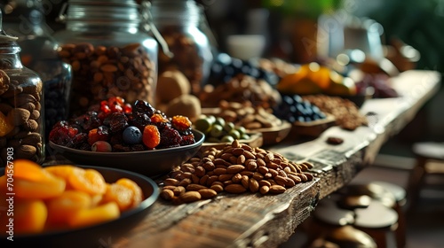 Healthy food. Assortment of dried fruits and nuts on a wooden table © shameem