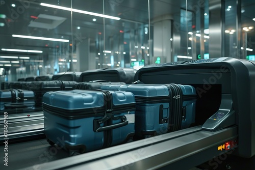 Obraz na płótnie Suitcases on an airport security conveyor belt glide towards a scanner, a prelude to safe travels w salonie