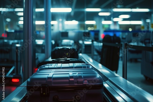 Suitcases on an airport security conveyor belt glide towards a scanner, a prelude to safe travels