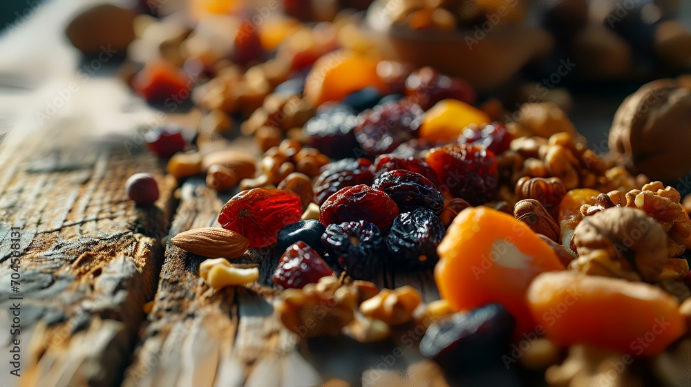 Mix of dried fruits and nuts on a wooden table. Selective focus.
