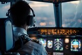 Pilot in cockpit at dusk, guiding the aircraft with focus and expertise