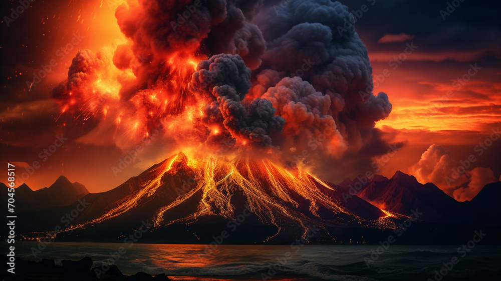 volcano with smoke billowing up and lava