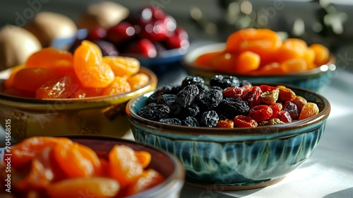 Mix dried fruits in ceramic bowls on the table, a selective focus