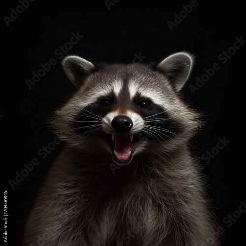 Happy Raccoon, Portrait of a Raccoon on a Black Background © Moon