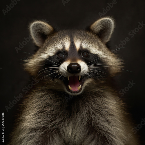 Happy Raccoon, Portrait of a Raccoon on a Black Background