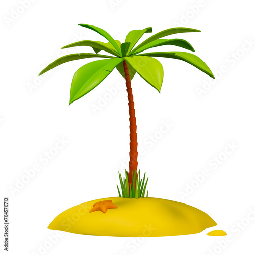 3d rendering of a small tropical island with palm tree in the middle and star fish on a sand isolated on white background