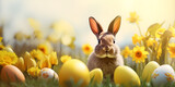 easter bunny and easter eggs, Easter bunny in a field with easter eggs, Easter bunny decorated eggs and cute rabbit in sunny spring meadow with defocused abstract lights

