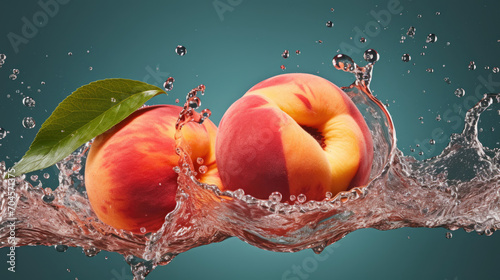 Smooth Fresh ripe organic Peach Fruits slices and falling into water and splashes created with Generative AI Technology