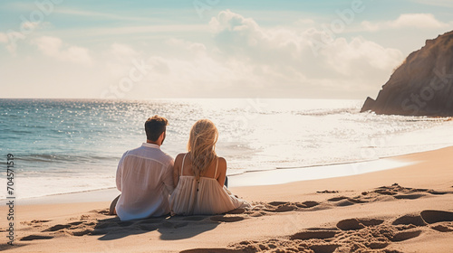 Happy young couple sitting and relaxing on the beach by the sea.Generative AI