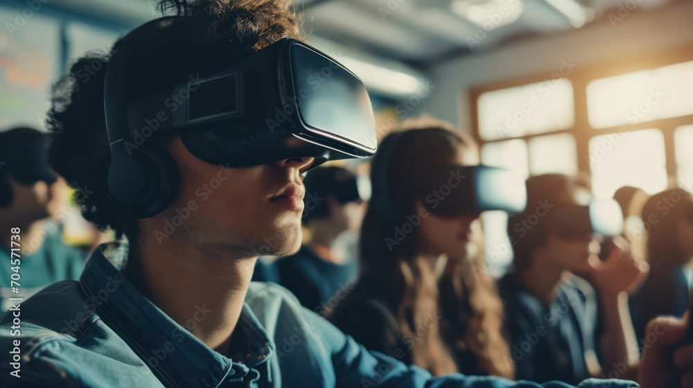 A student in a classroom, donned in virtual reality glasses and utilizing a VR headset, serves as an illustration of future technology and virtual reality.
A student in a classroom, donned in virtual reality glasses and utilizing a VR headset, serves as an illustration of future technology and virtual reality.