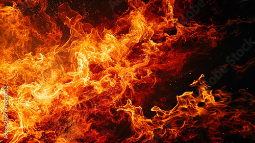 Fiery vortices, dancing on a black background, create an abstract fiery landscape