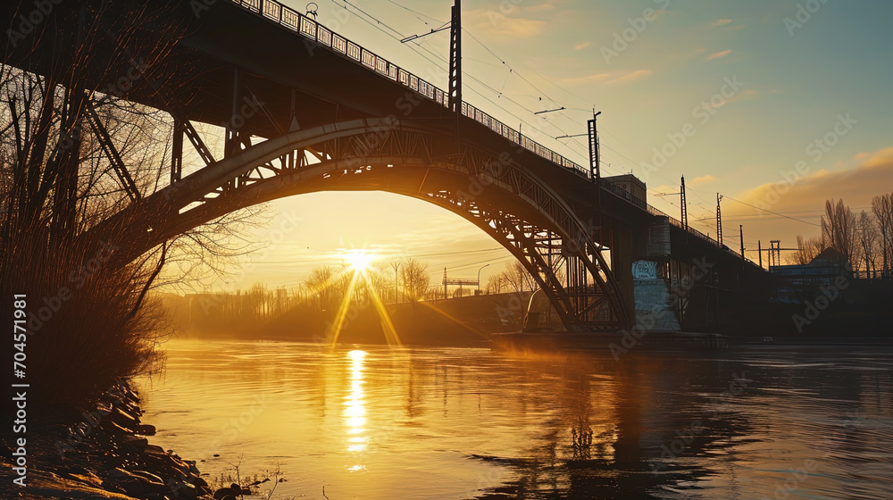 Naklejka premium The arch of the bridge at the height of the golden sunset, illuminated by the last rays of the Sun