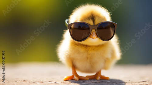 little cute yellow chicken in glasses on nature background.Generative AI