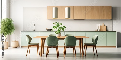 Simple, modern kitchen and dining area with wooden and white surfaces, green chairs, and eucalyptus in ceramic vase.