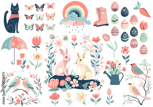 Easter spring set with cute birds, eggs, butterflies, bunnies. Hand drawn vector spring elements.