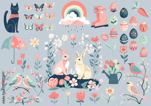 Spring design. Spring collection. Hand drawn spring elements flowers, bird, bunny. Vector illustration.