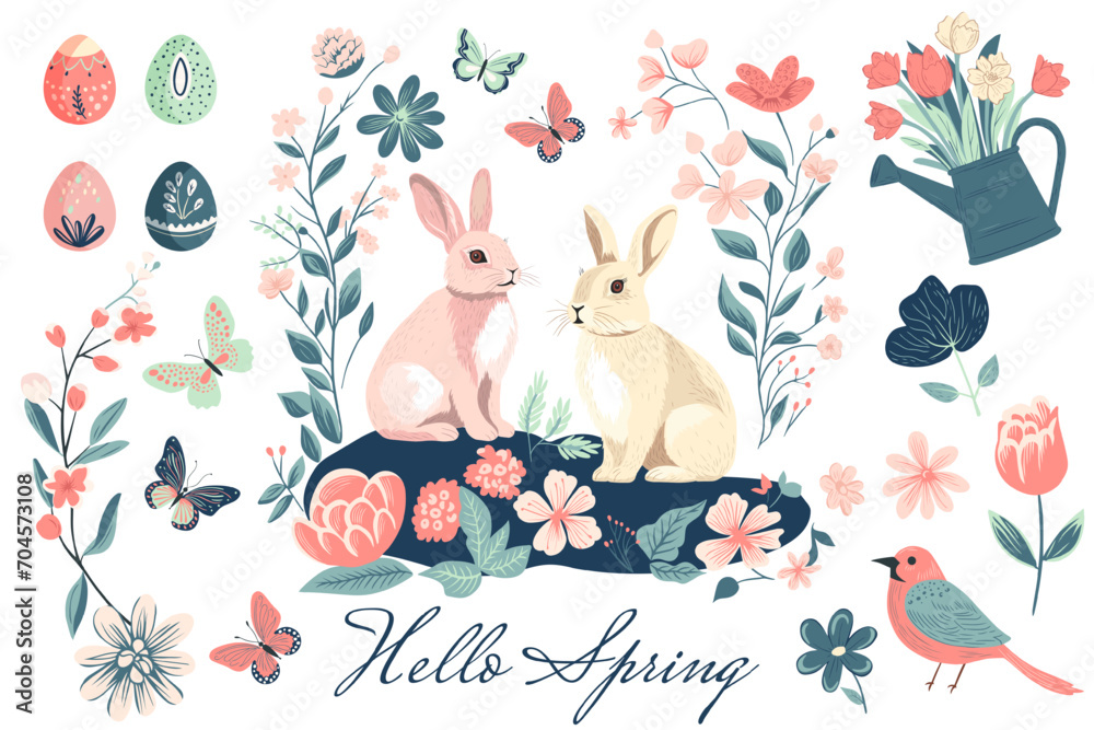Obraz premium Spring collection. Hand drawn spring elements flowers, bird, bunny. Vector illustration. Trendy spring design