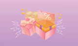 3D open gift box surprise earn point concept loyalty program and get rewards.3d goal for technology,online social media usage illustration.