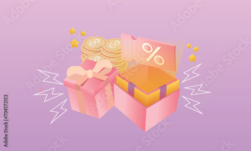 3D open gift box surprise earn point concept loyalty program and get rewards.3d goal for technology,online social media usage illustration.