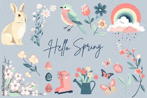 Spring collection. Hand drawn spring elements flowers, bird, bunny. Vector illustration. Trendy spring design