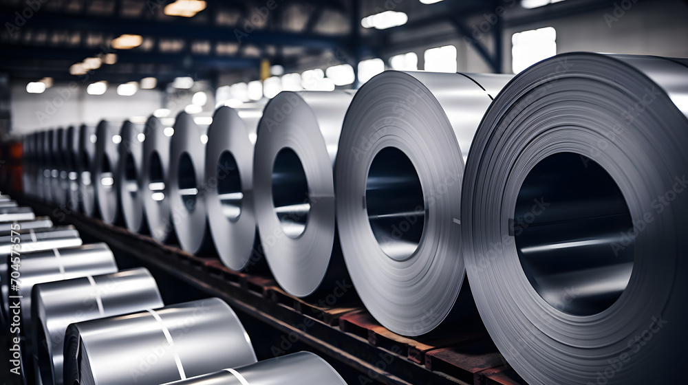 Rolls of galvanized steel sheet inside the factory or warehouse. Neural network AI generated art Rolls of galvanized steel sheet inside the factory or warehouse. Neural network AI generated art