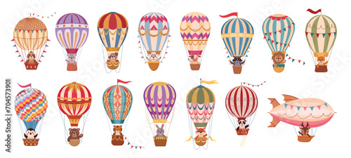 Cartoon animals flying on hot air balloons. Retro flying dirigibles and hot air balloon with animals on board flat vector illustration set. Cute characters flying on air transport © GreenSkyStudio