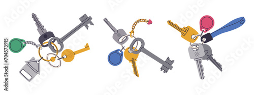 Door keys bunches. Apartment or house keys with keychain with keyring and plastic tag. Door key bunches flat vector illustration set. Real estate property entrance keys