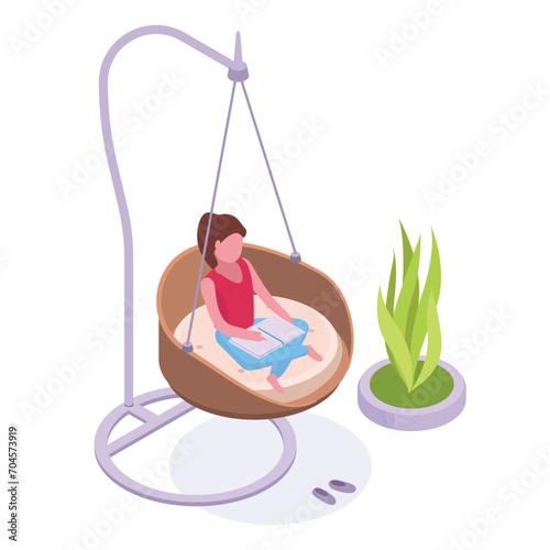 Isometric girl on backyard. Little girl sitting on garden swing, summerhouse furniture and chilling girl spending time on backyard 3d vector illustration