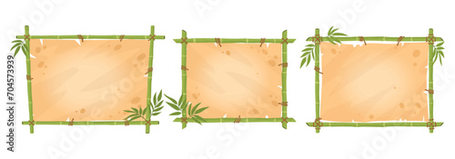 Jungle bamboo borders. Bamboo frame with bamboo leaves and parchment paper, wooden stems exotic signs flat vector illustration set. Oriental bamboo frames collection © GreenSkyStudio