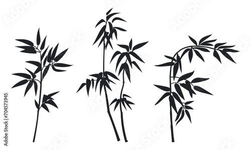 Jungle bamboo stems silhouettes. Bamboo forest plants leaves and branches, decorative black ink bamboo flat vector illustration set. Asian bamboo branches silhouettes