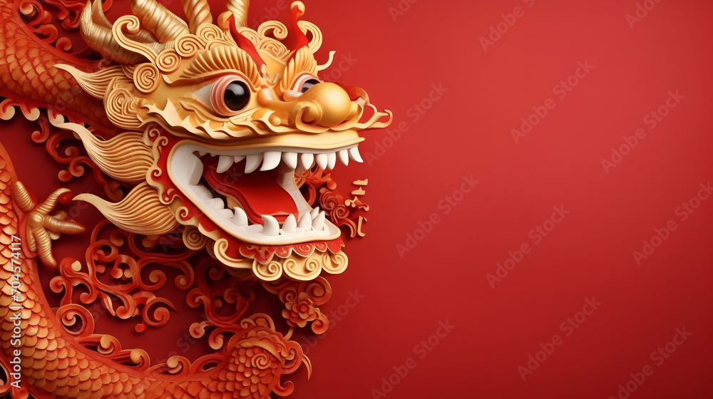 Fototapeta premium Traditional Chinese dragon on red background with copy space. Chinese dragon zodiac New Year
