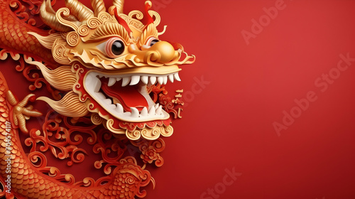 Traditional Chinese dragon on red background with copy space. Chinese dragon zodiac New Year