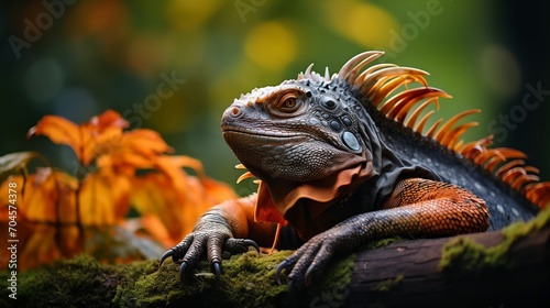 a close up of a lizard with orange and black feathers