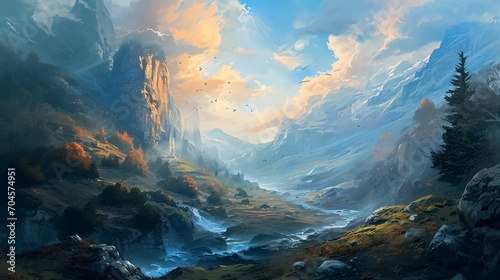 a painting of a mountain landscape