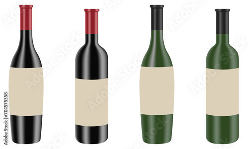 Set of realistic looking red and white wine bottles with blank labels isolated on white background.  Food and drink element