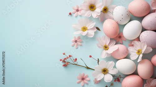 Happy Easter. Easter eggs and flowers on backgrounds. Place for text.Generative AI