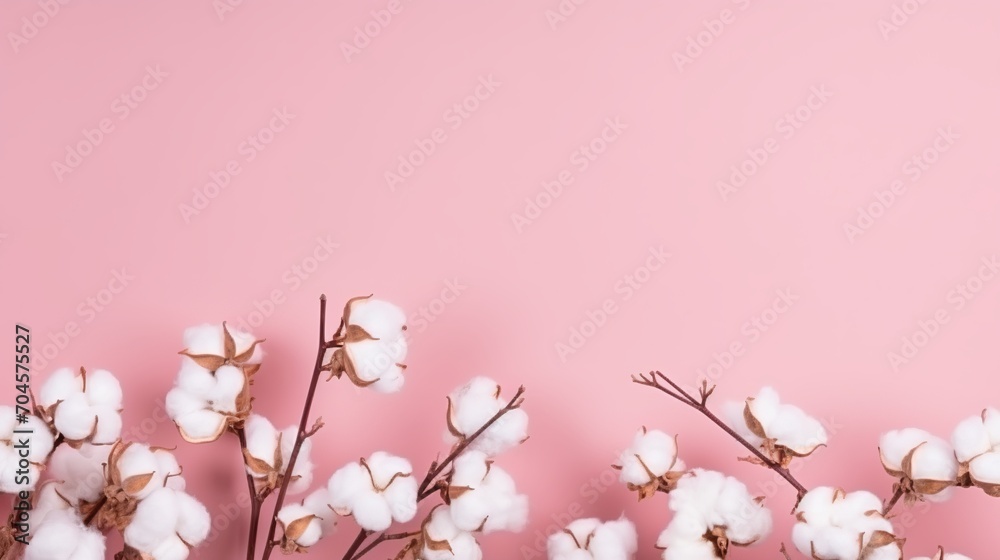 A view of cotton flowers on their branch with a pink wall in the middle.